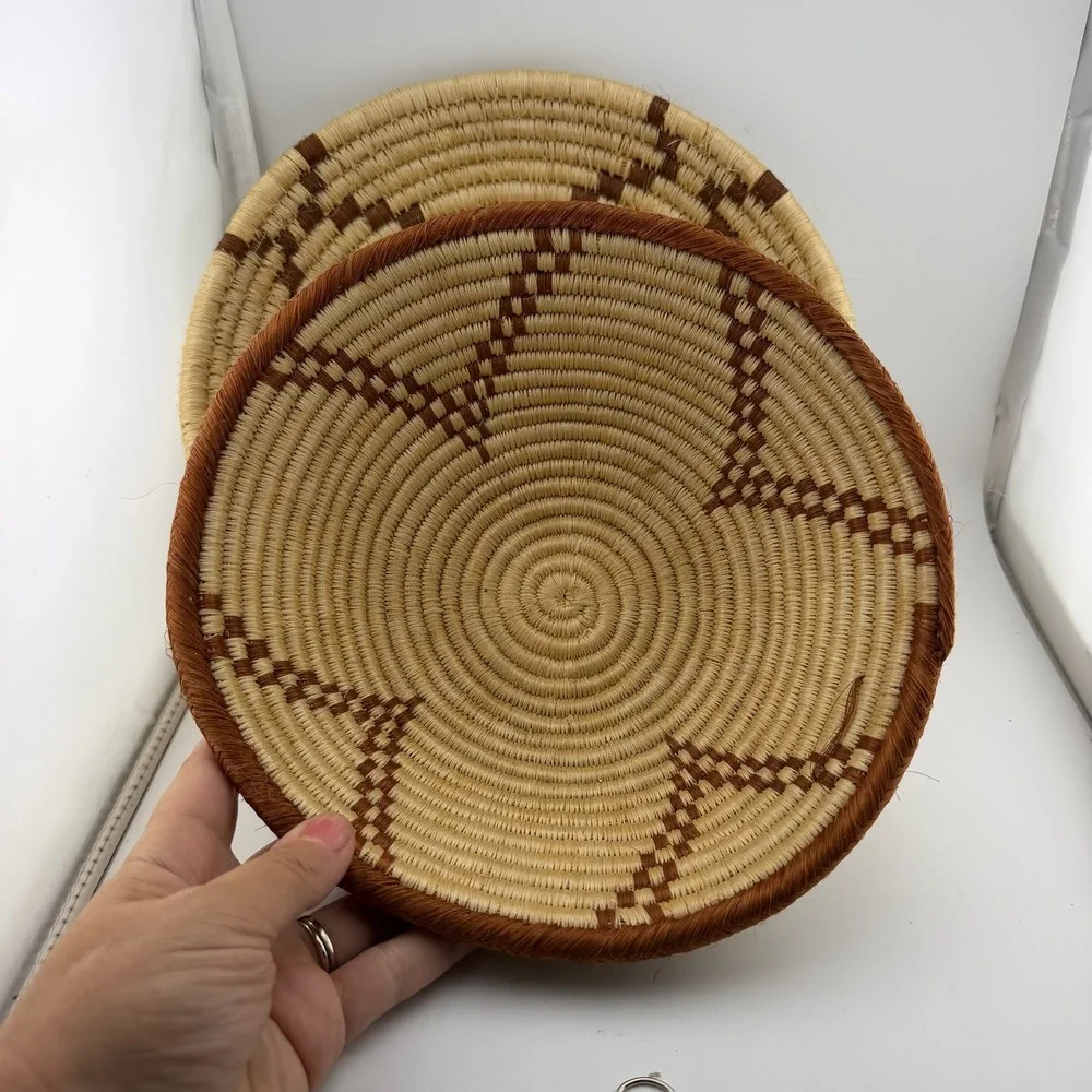 Beige Brown Woven Coil Nesting Baskets Geometric Set of 2